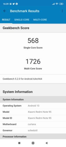 Xaomi Redmi Note 9S　geekbench5
